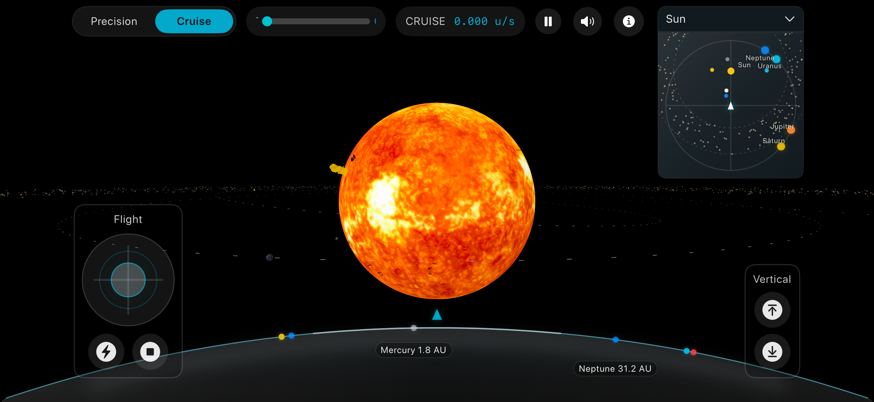Solar Explorer cockpit view showing the sun, flight controls, planet compass, and minimap