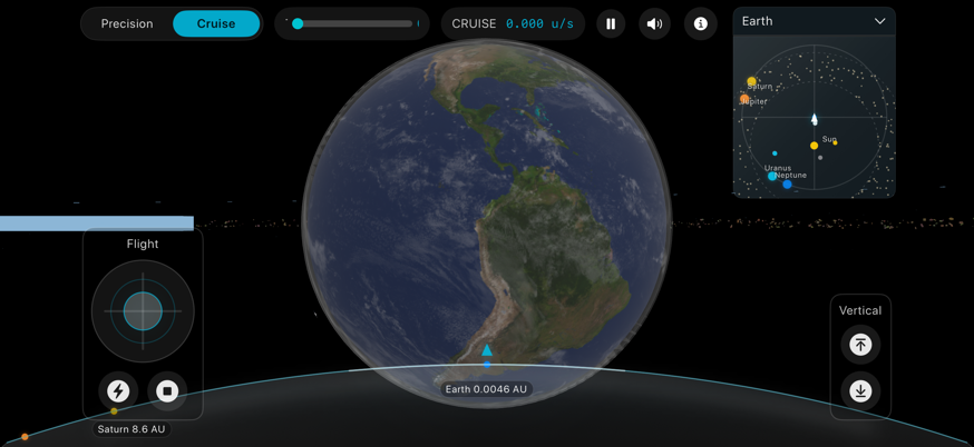 Solar Explorer focused on Earth with clouds, continents, flight controls, and minimap