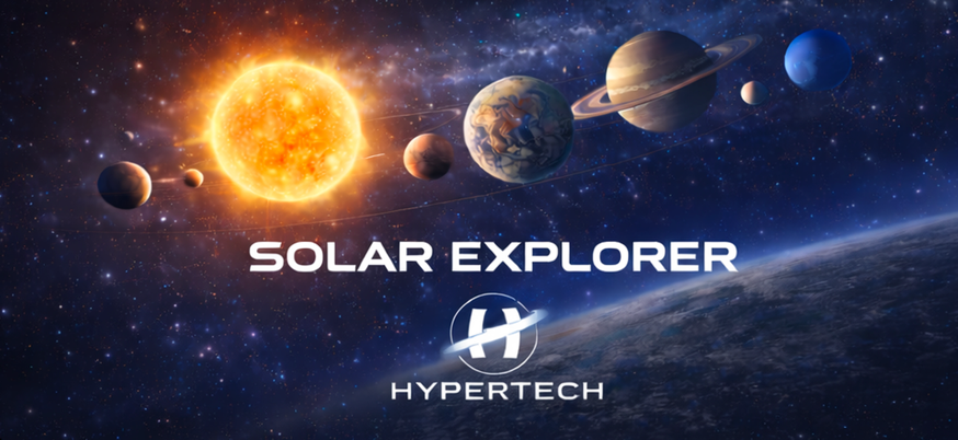 Solar Explorer launch screen with HyperTech branding and planets across a star field