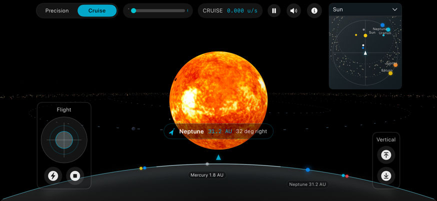 Solar Explorer manual navigation cue pointing toward Neptune