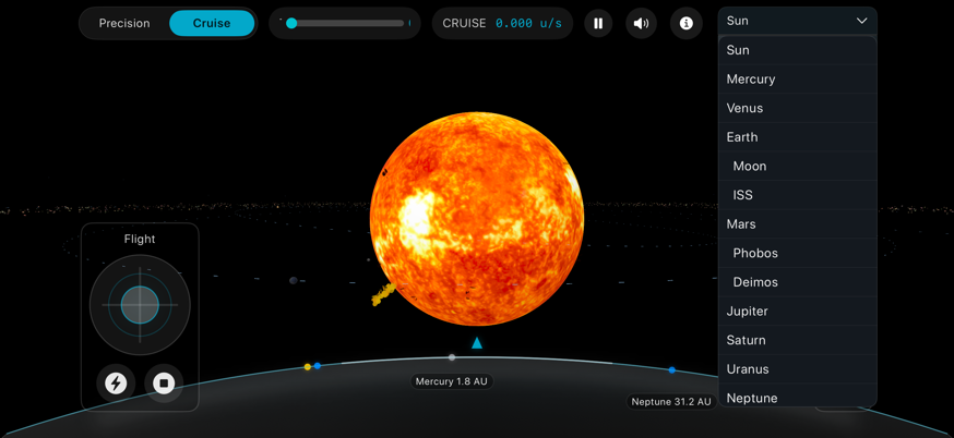 Solar Explorer planet selector open with planets and moons listed
